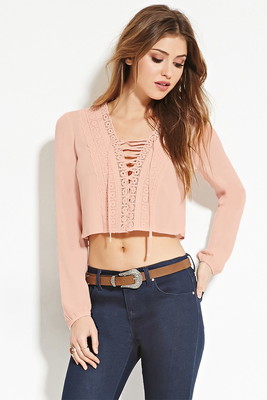 レースアップクロップブラウス