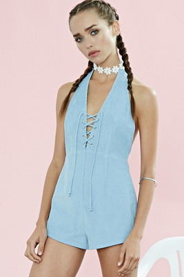 レースアップコーデュロイロンパース