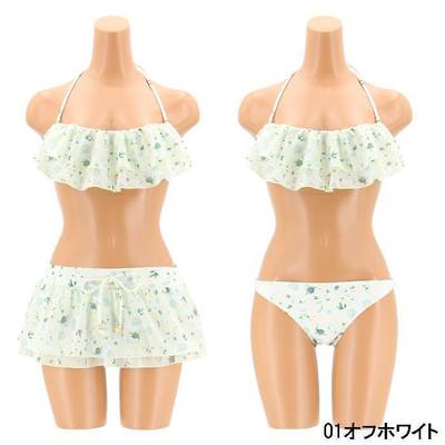 マーガレットプリント2段フリルバンドゥ 3点セット水着 9号
