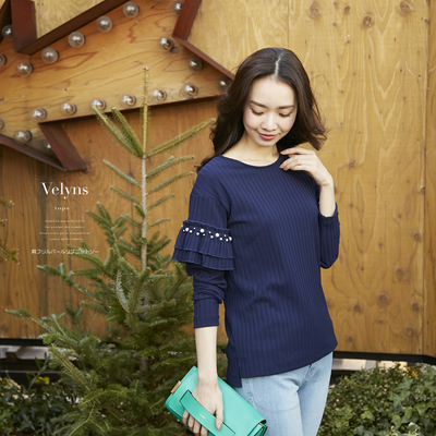 肩フリルパールリブニットソー 