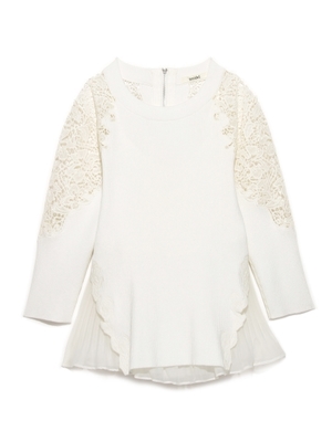 レース刺繍プリーツニットトップス