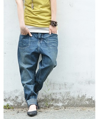 ステッチポケットゆるまたデニムサルエルパンツ