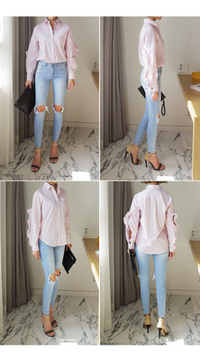 DHOLIC フリルカットアウトスリーブストライプシャツ