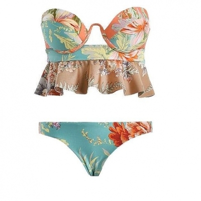 レトロフラワー フリル プッシュアップ バンドゥビキニ