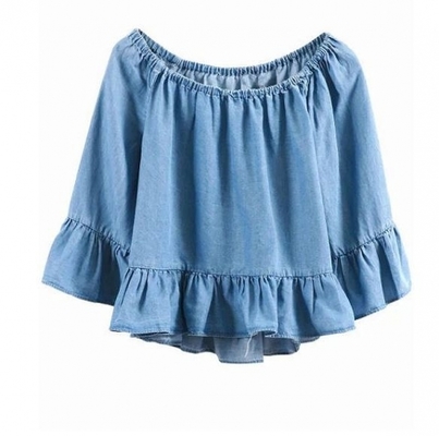 デニムブルー オフショルダー 七分袖 カットソー