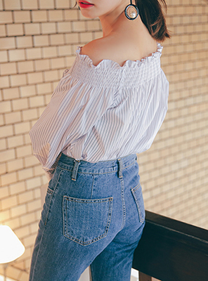 STYLENANDA ストライプ柄オフショルブラウス