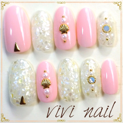 再販♡マカロンピンク×シェルしきつめネイル