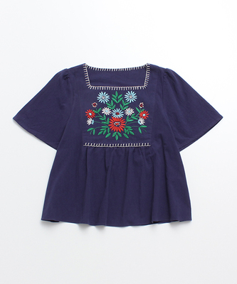 ○花刺繍 スクエアネック ブラウス