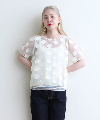 ○オーガンジー ドットボーダー 刺繍　パフ袖 ブラウス