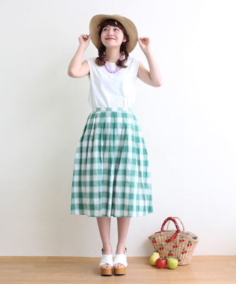 ○先染めチェック ギャザー スカート