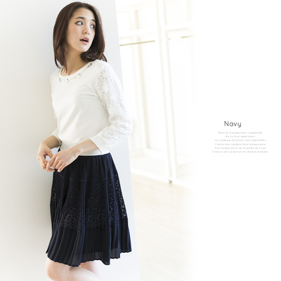 小花柄レース切り替えプリーツスカート