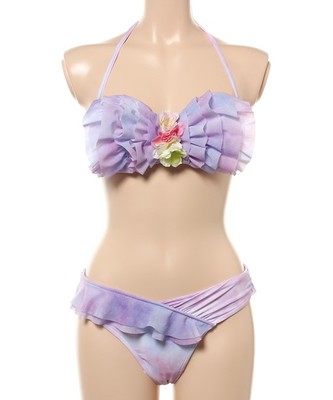 【三愛水着楽園】ストライプフリルタイダイプリント　バンドゥビキニ ワイヤー入り