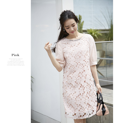 袖シフォンカットワークレースワンピース