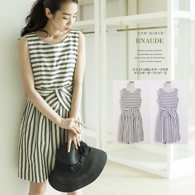 ウエストりぼんモチーフ付きマリンボーダーワンピー