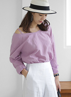 リネン混オフショルダーＶネックブラウス