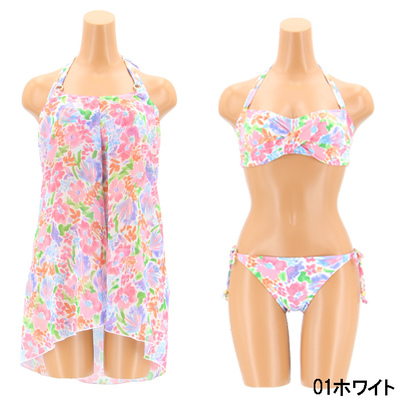シャイニーフラワー2WAYパレオワンピース付き 3点セット水着 9号