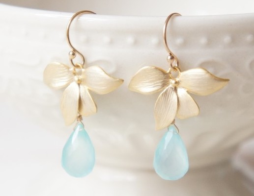 14kGF★プルメリア・ブルーオーシャン・カルセドニー・ピアス