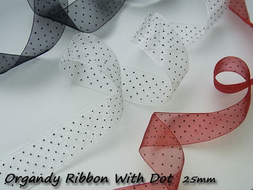 オーガンジー リボン水玉プリント