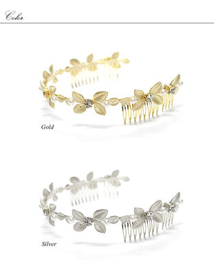 ハンドメイド★コームつきリーフデザイン＆パール＆ビジュカチューシャ